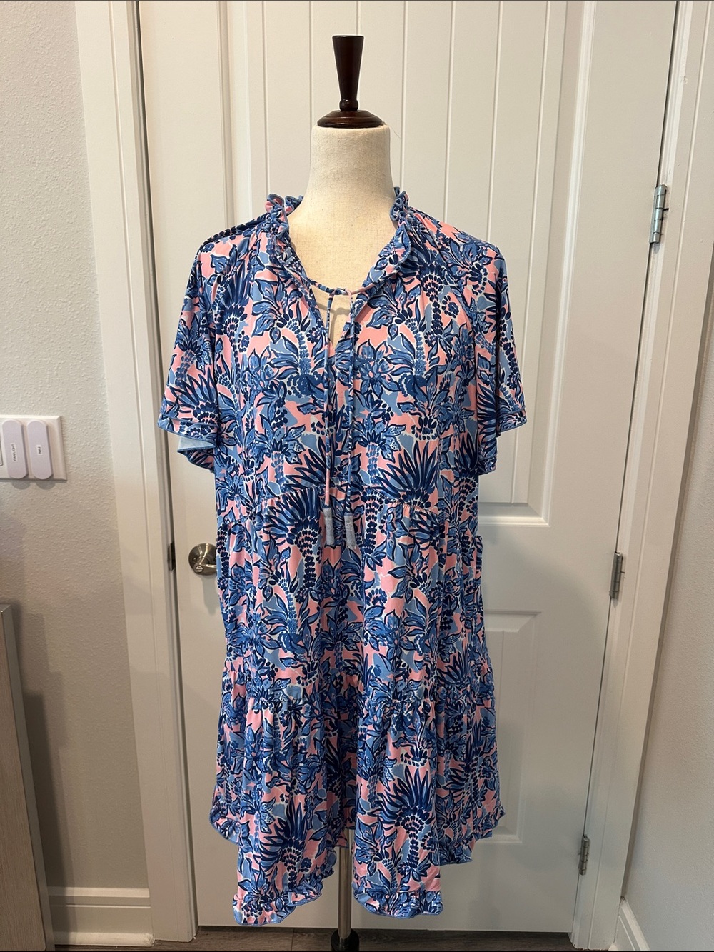 Cabana Life UVA 50+ Pink & Blue Tie-Neck Short-Sleeve Tiered Ruffle Dress